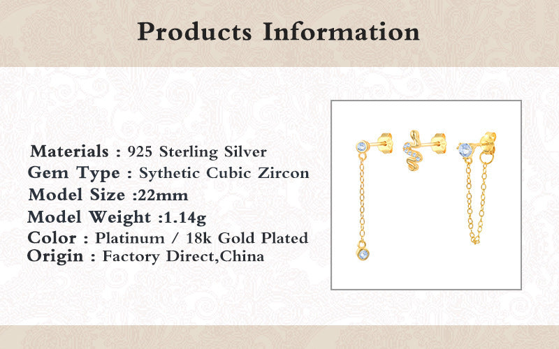 S925 Sterling Silver Snake Chain Set Diamond Stud Earrings
