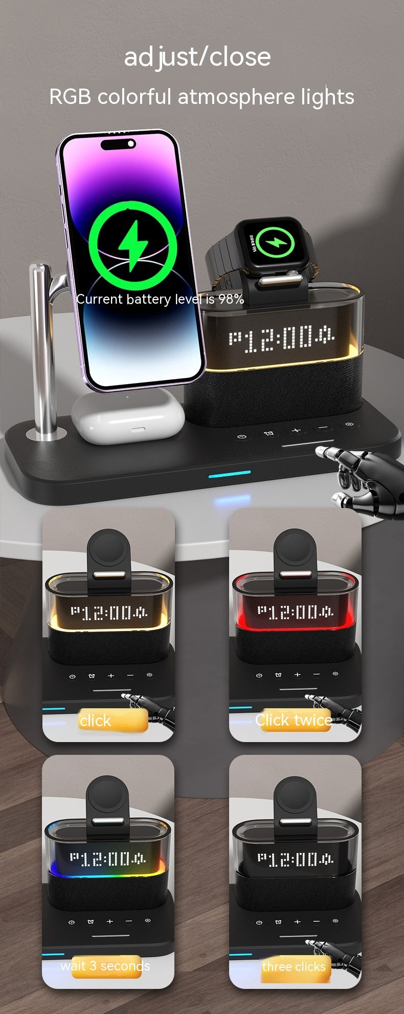 Magnetic Small Night Lamp Wireless Charger With Alarm Clock Three-in-one