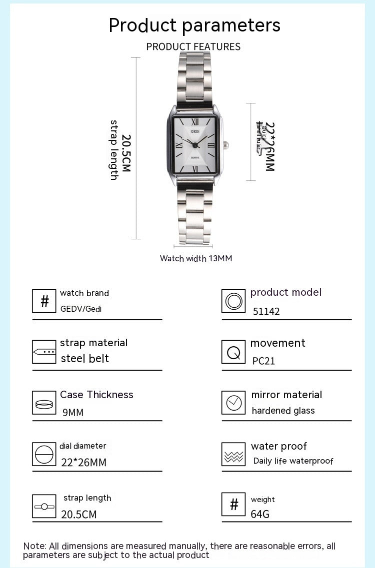 Klassiker Simple Square Watch Damen Erschwingliche Luxus-Mode-Mode-Koreaner-Stahlgürtel im koreanischen Stil