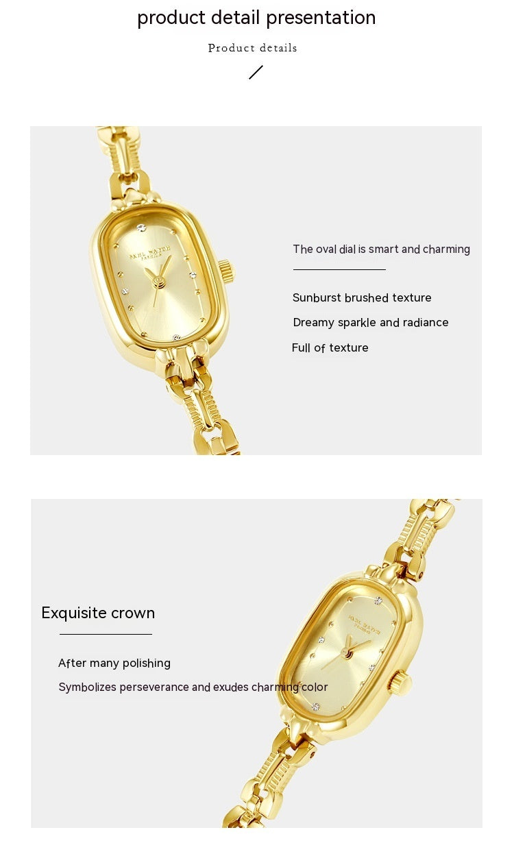 Mittelalterlicher kleiner Retro kleiner goldener Uhr Oval Light Luxus künstlerische Modequarz