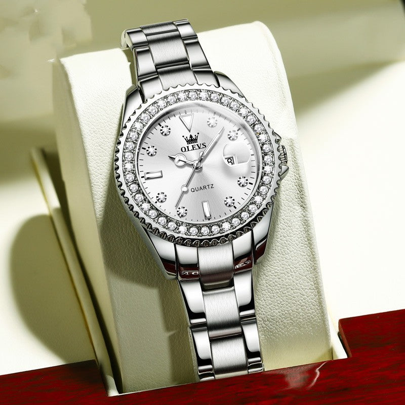 Reloj de acero inoxidable para mujeres de cuarzo de diamantes