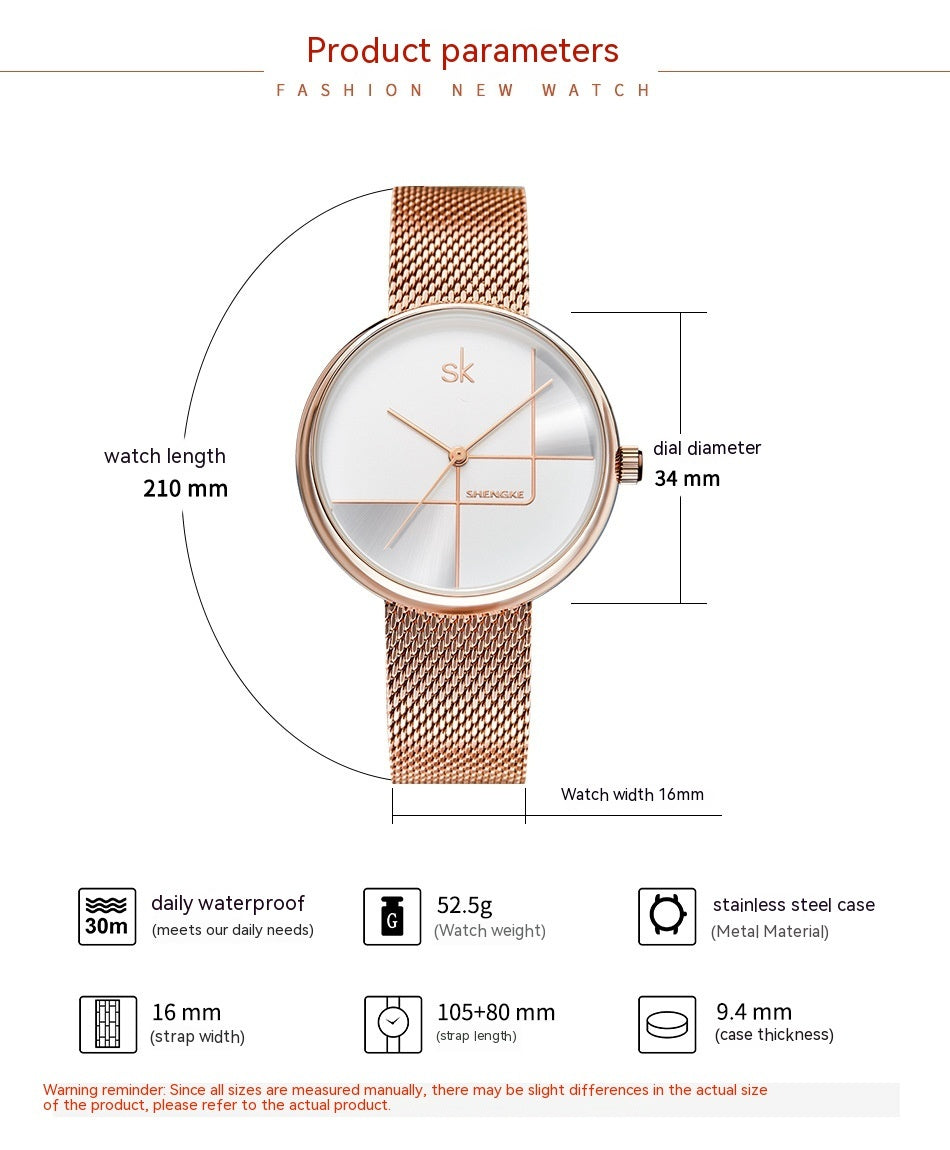 Fashion féminine Simple Geometric Quartz Watch Sangle Mesh Watch