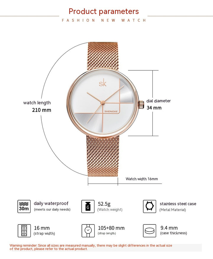 Women's Fashion Simple Geometric Quartz Watch Mesh Strap Watch