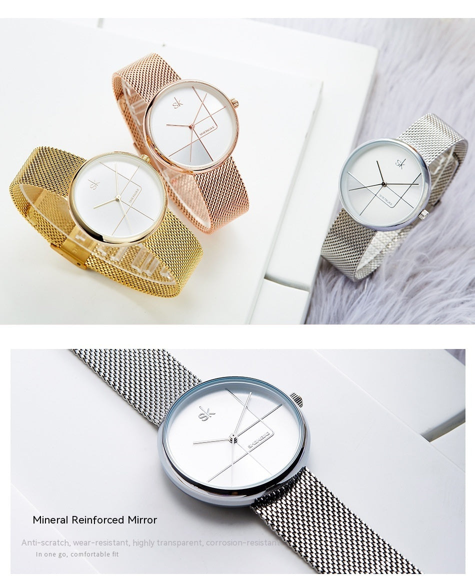 Fashion féminine Simple Geometric Quartz Watch Sangle Mesh Watch