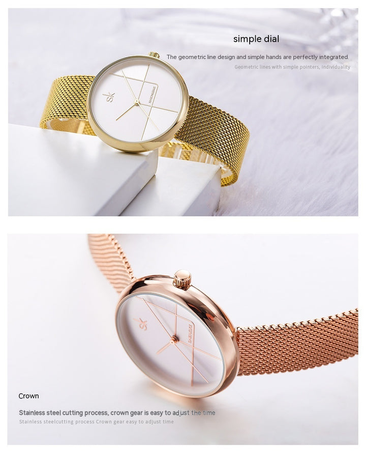 Fashion féminine Simple Geometric Quartz Watch Sangle Mesh Watch