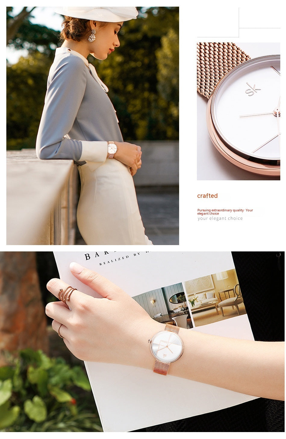 Fashion féminine Simple Geometric Quartz Watch Sangle Mesh Watch