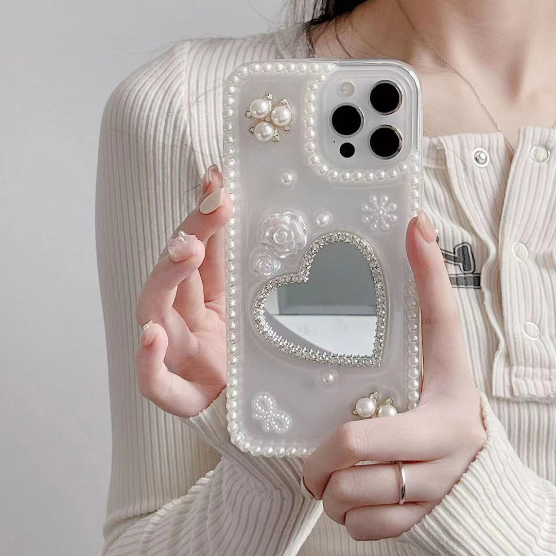 Rå perleblomster hjerteform speil kreativ telefonveske