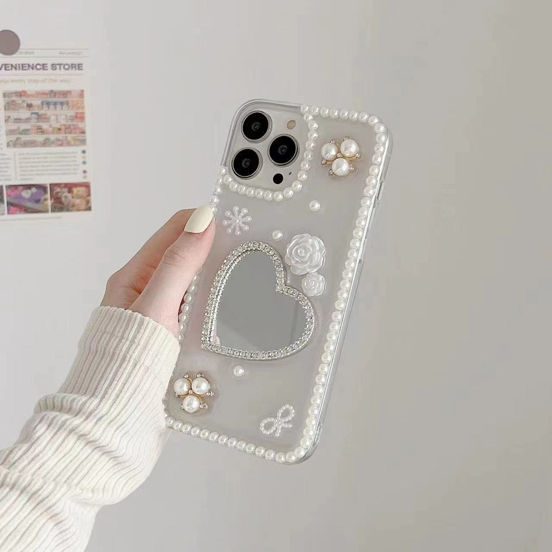 Caixa de telefone criativa do espelho de formato de coração de flor de pérola crua