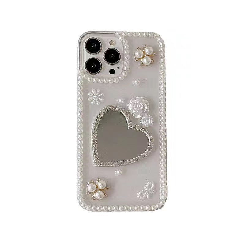 Raw Pearl Flower Heart Shape Mirror Creative Phone Case