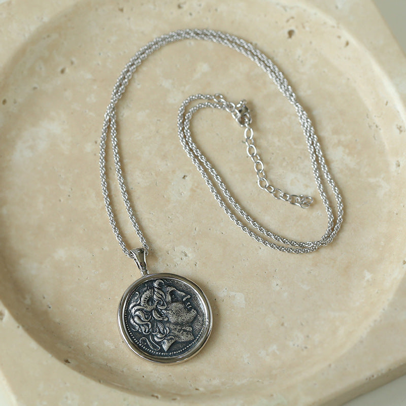 Monedă de argint Colier lung Lanț retro simplu pentru femei