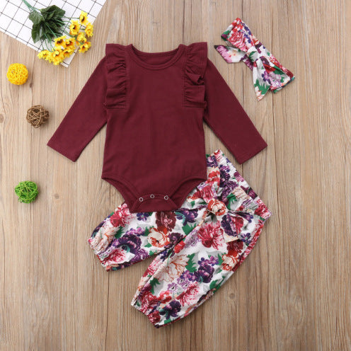 Zinnia seti 3pcs yeni doğan kız bebek kırmızı üstleri katı romper çiçek pantolon kafa bandı kıyafetleri sonbahar set kıyafetleri