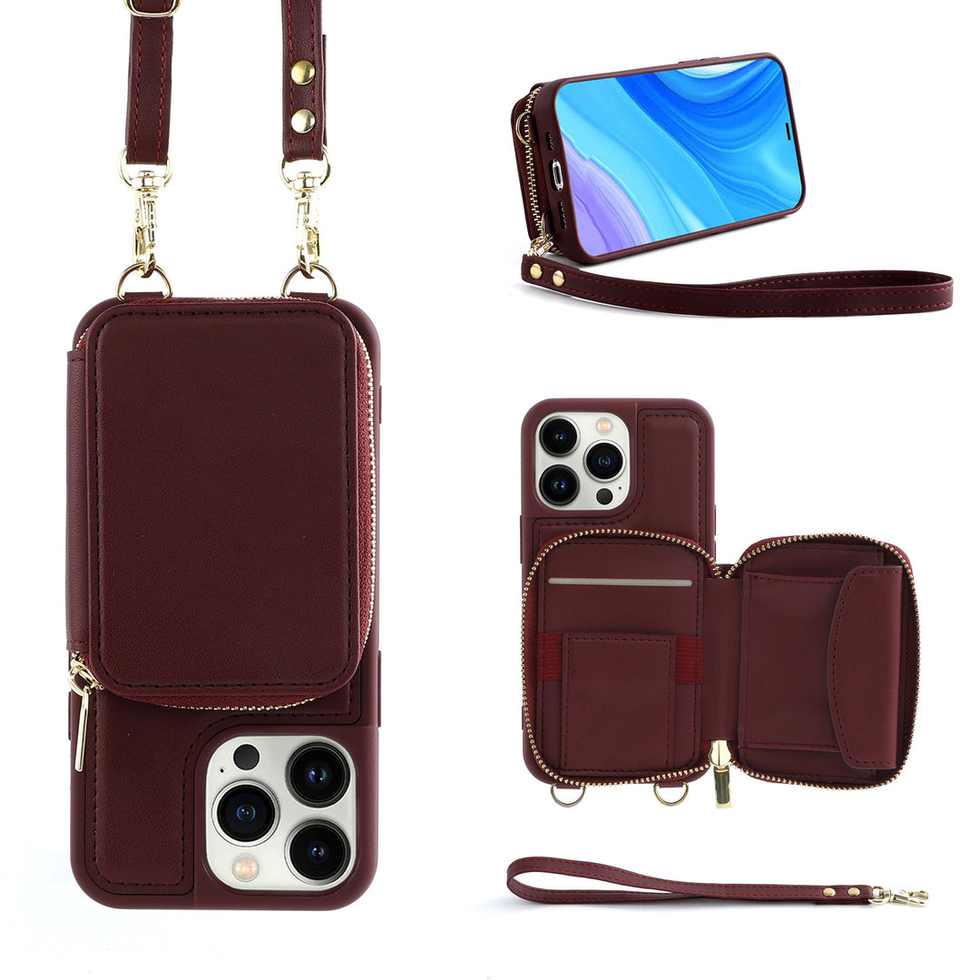 IPhone14Pro Telefon case crossbody glidelås multifunksjonelt kortholder lommebok type gjeldende beskyttende skinnveske