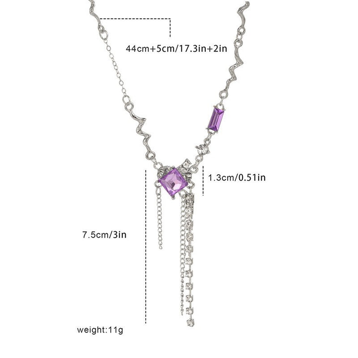 Super Fairy Temperament Purple Square Crystal Necklace for Women, Sweet and Cool Long Style, Tassel Niche, High-End Design, Collarbone Chain