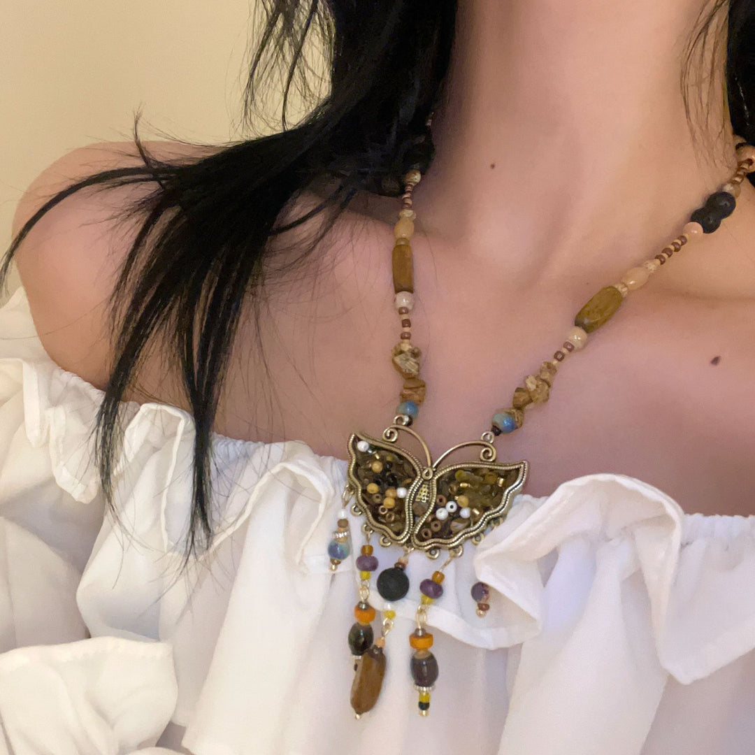 Butterfly Tassel Natural Stone Necklace Women
