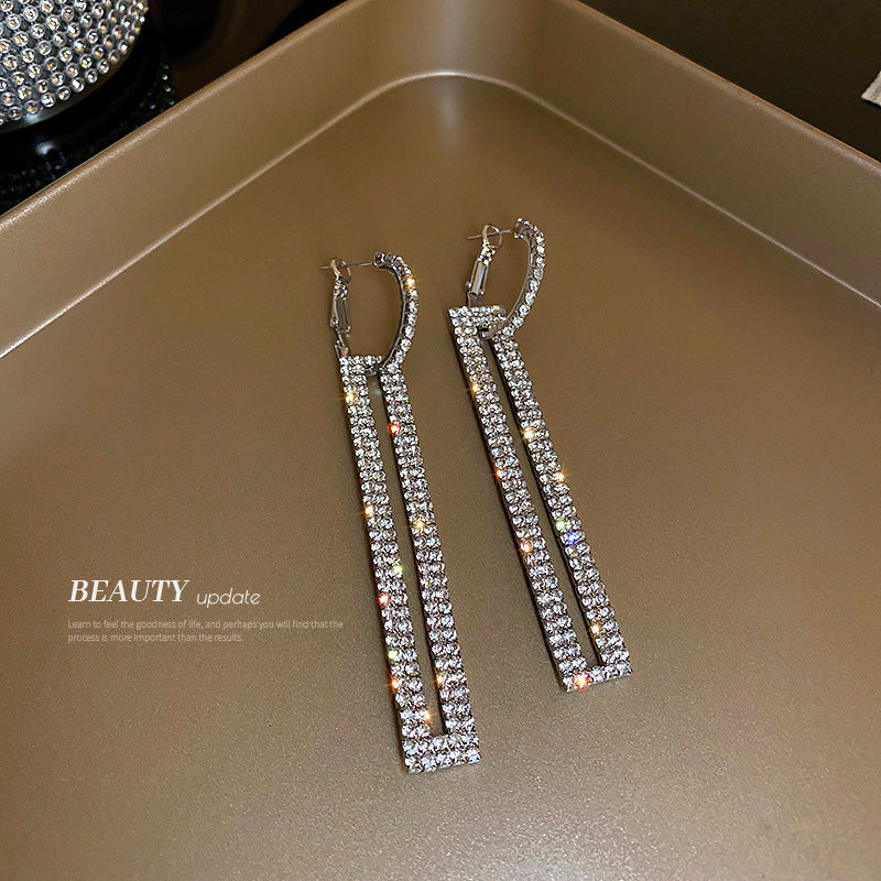 Silver Post Fashion Exaggerated Rectangle Earrings With Diamonds