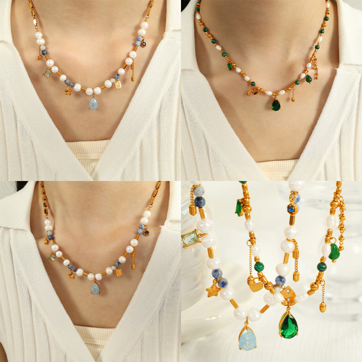 French Style Retro Affordable Luxury High-grade Zircon Natural Stone Artificial Pearl Necklace