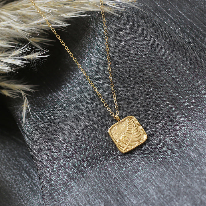 Three-dimensional Titanium Steel Gold Plated Square Fern Necklace