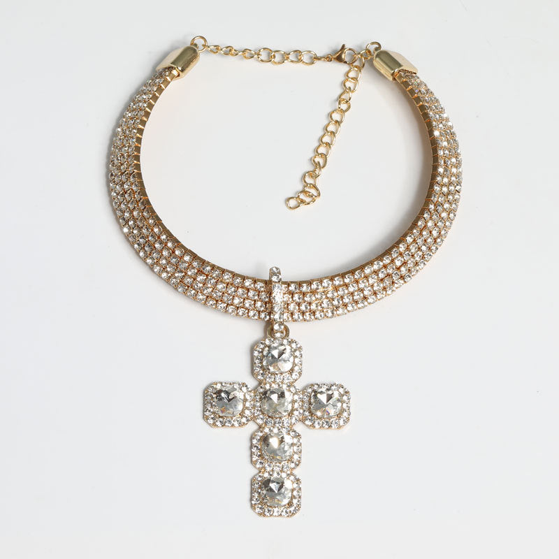 Light Luxury Creative Cross Jeweled Pendant Design Necklace Earrings