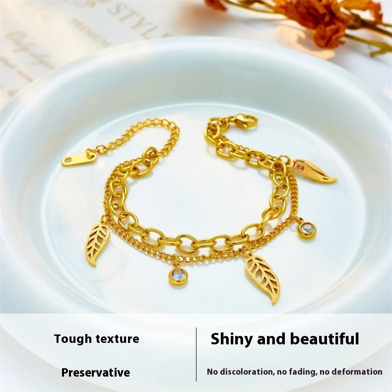 Women's Simple Fashion Special-interest Titanium Steel Metal Double Layer Twin Leaf Diamond Bracelet