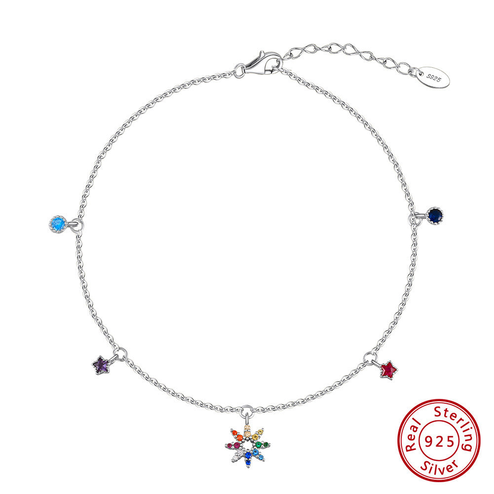 S925 Ornamento anklet zircone a colori in argento sterling