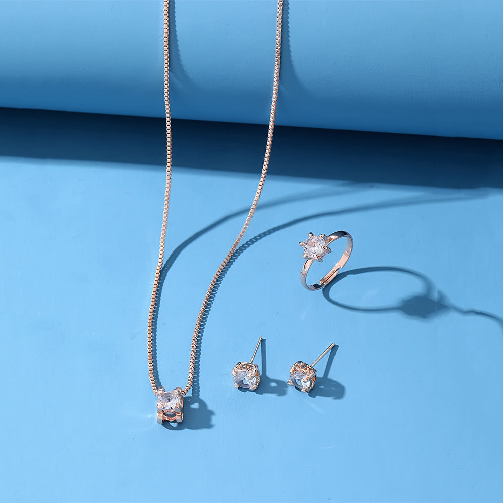 Vier-klauw clip diamant oorbellen ketting set geometrische vrouw