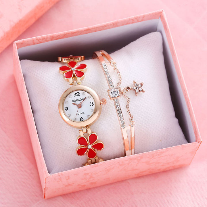 Set de brazalete de reloj de cuarzo estampado de pétalo de damas