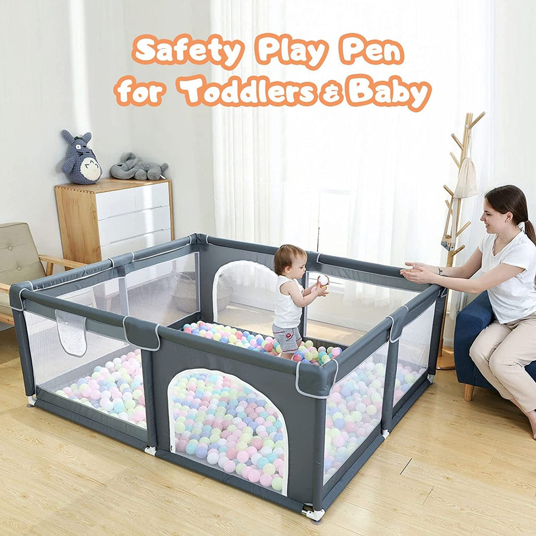 Playpen79x71 grande para bebés, bolígrafo de juego extra grande para bebés y niños pequeños, patio de juego con puerta, valla de bebé con malla transpirable, centro de actividades interiores y exteriores de seguridad gris