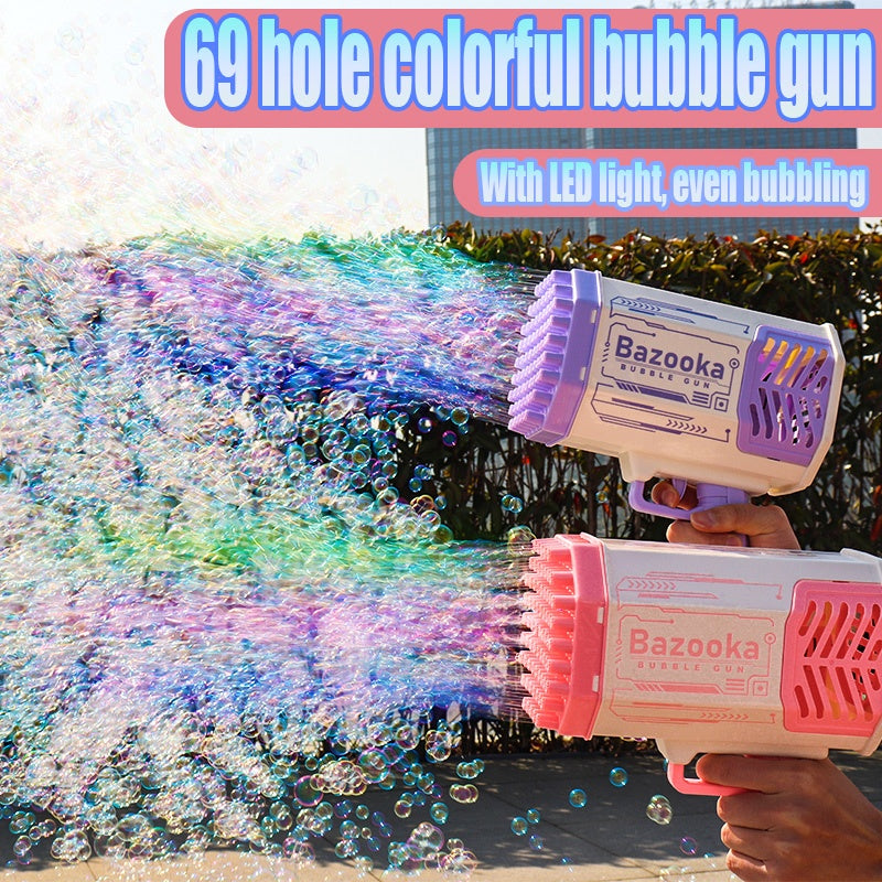 Bubble Gun Rocket 69 Otwory mydlaną bąbelkowe karabin maszynowy kształt Automatyczna dmuchawa z lekkimi zabawkami dla dzieci pomperos