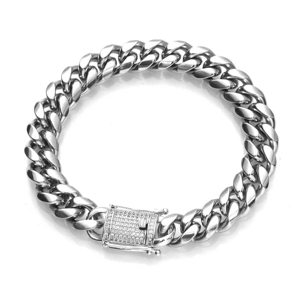 Ddiamante fivela de aço inoxidável redondo retificação de criptografia Chain Link Chain Bracelet