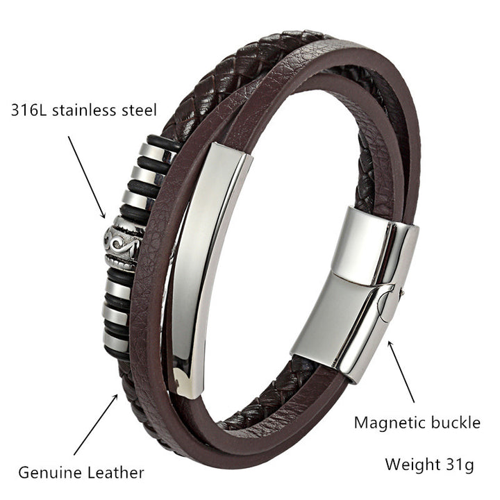 Stainless Steel Leather Bracelet Men Hand Woven