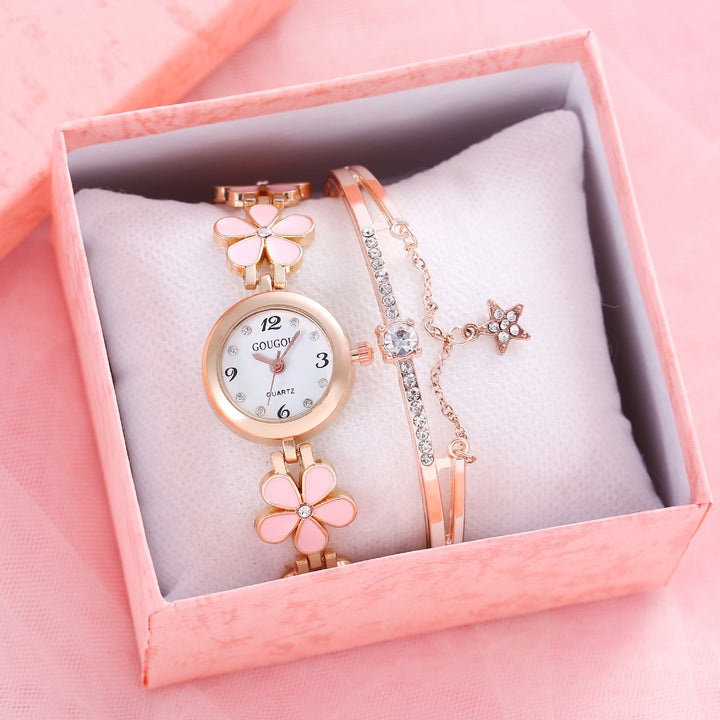 Set de brazalete de reloj de cuarzo estampado de pétalo de damas