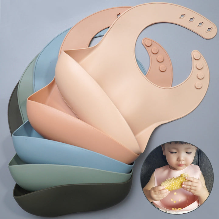 Babero de bebé de silicona impermeable suave con receptor de comida, babero de silicona para bebés