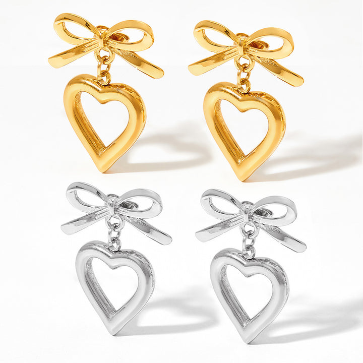 Sweet Girl Hollow Bow Love Heart Pendientes