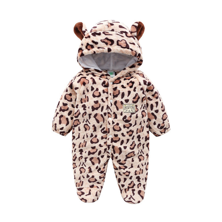 Baby Cow Hooded Crawling Clothes Flannel One Piece Clothes 0 1 Mann og kvinnelig baby yttertøy