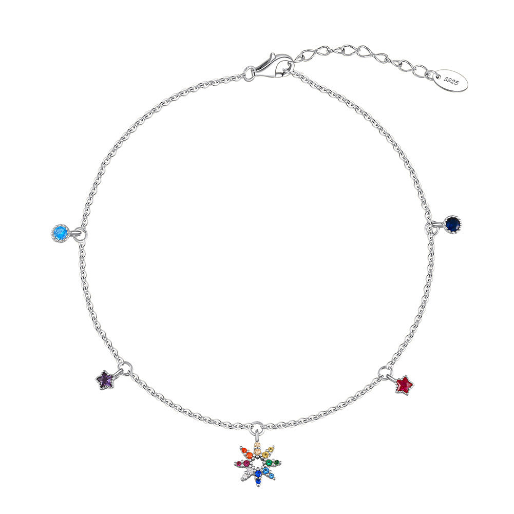 S925 Ornamento anklet zircone a colori in argento sterling