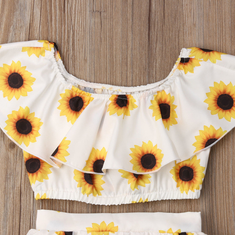 Children's Clothing New Sunflower SUNFLOWER Top Culottes Hair Band Three-piece Set