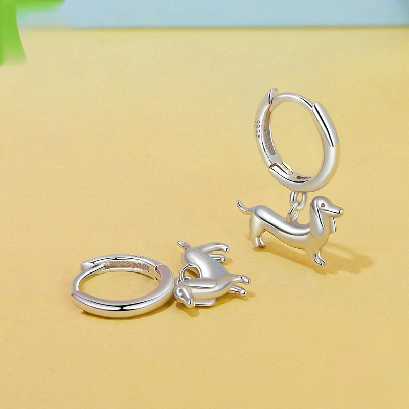 Animal Sausage Dog Argent Pur Ear Clip Cute Warm Pet 925 Sterling Silver Earrings