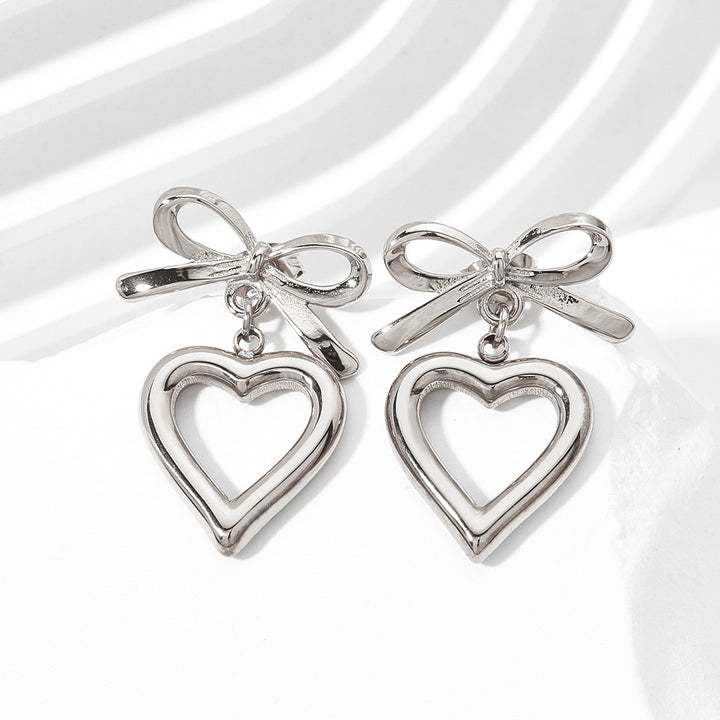 Sweet Girl Hollow Bow Love Heart Pendientes