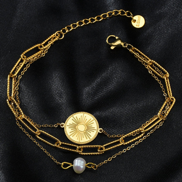 Titanium Steel 18K Gold Three-layer Dark Pattern Round Pearl Bracelet Ornament