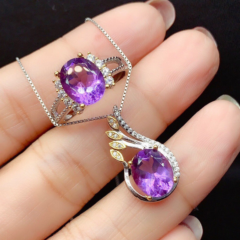 New Simulation Amethyst Color Separation Colored Gems Open Ring Necklace