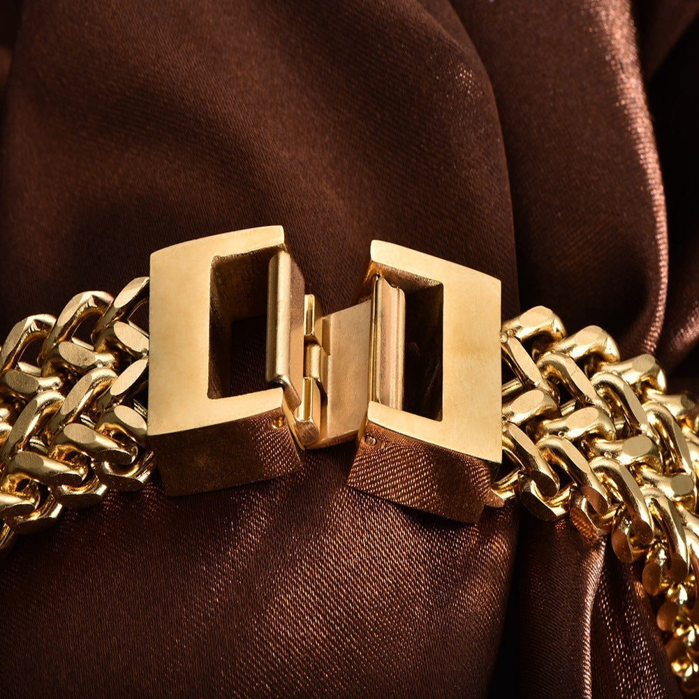 مجوهرات من الفولاذ المقاوم للصدأ للرجال والنساء سوار سلسلة طحن ذهبي بطبقة مزدوجة