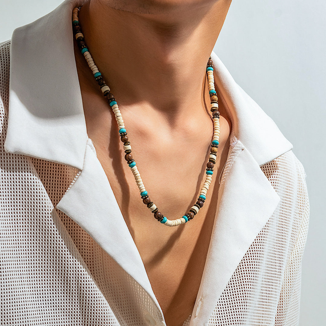 Collier de perles en bois turquoise de style bohème
