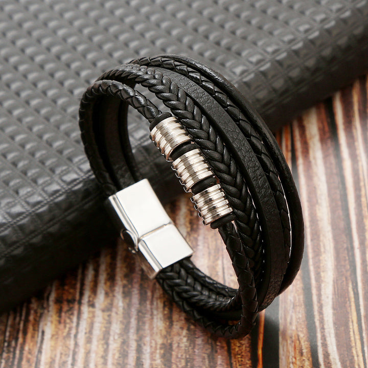 Stainless Steel Men's Leather Magnetic Buckle Woven Bracelet