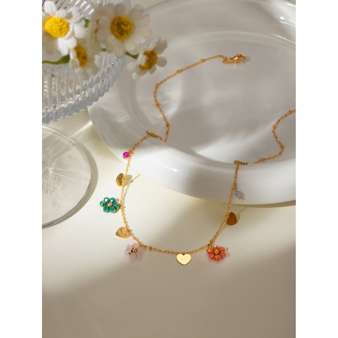 Collier de fleur de perle en verre coloré en acier inoxydable 18 carats