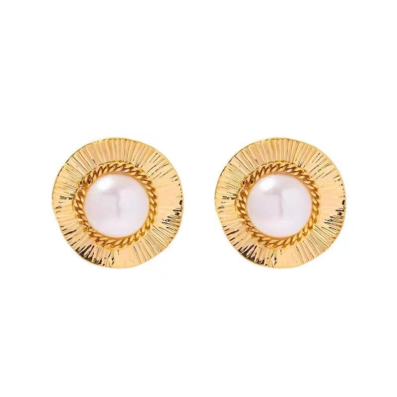 Retro Semicircle Pearl Stud Silver Needle Exaggerated Earrings