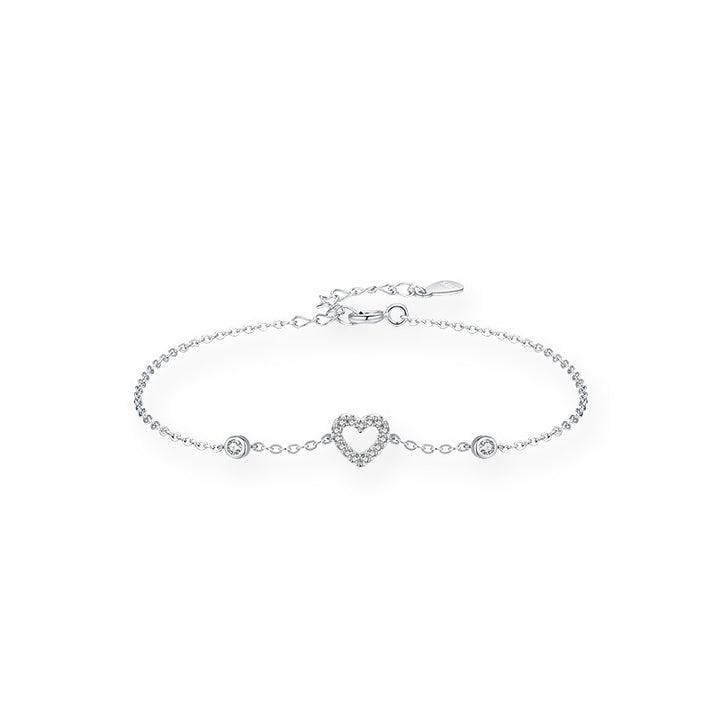 S925 Loving Heart In Sterling Silver Hollow Micro Rhinestone Bracelet