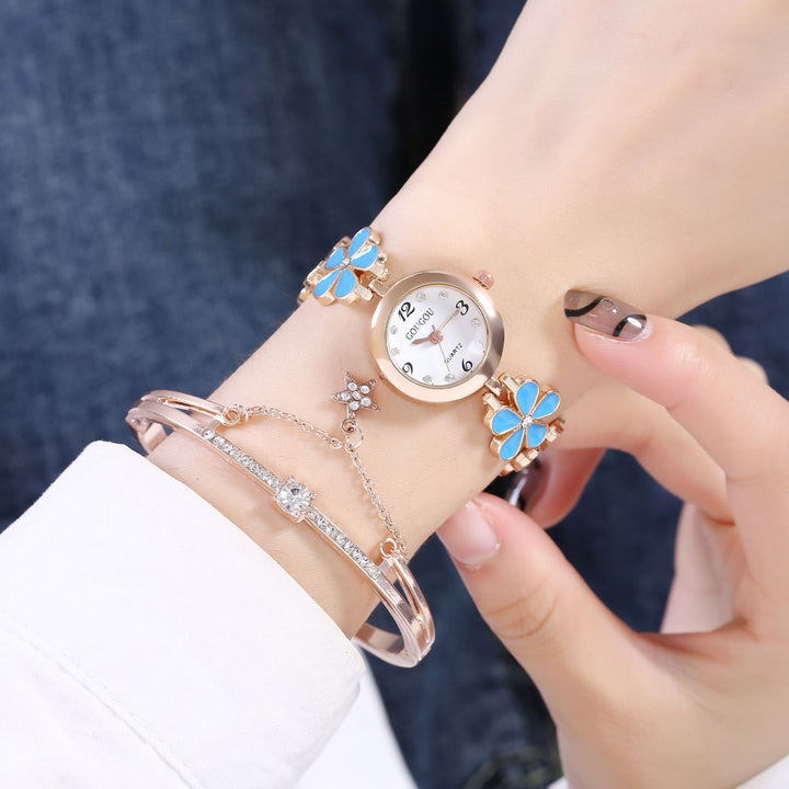 Set de brazalete de reloj de cuarzo estampado de pétalo de damas