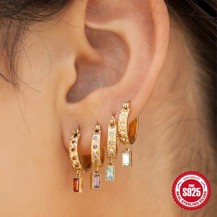 S925 Sterling Silver Colorful Zircon For Women Square Eardrops Earrings