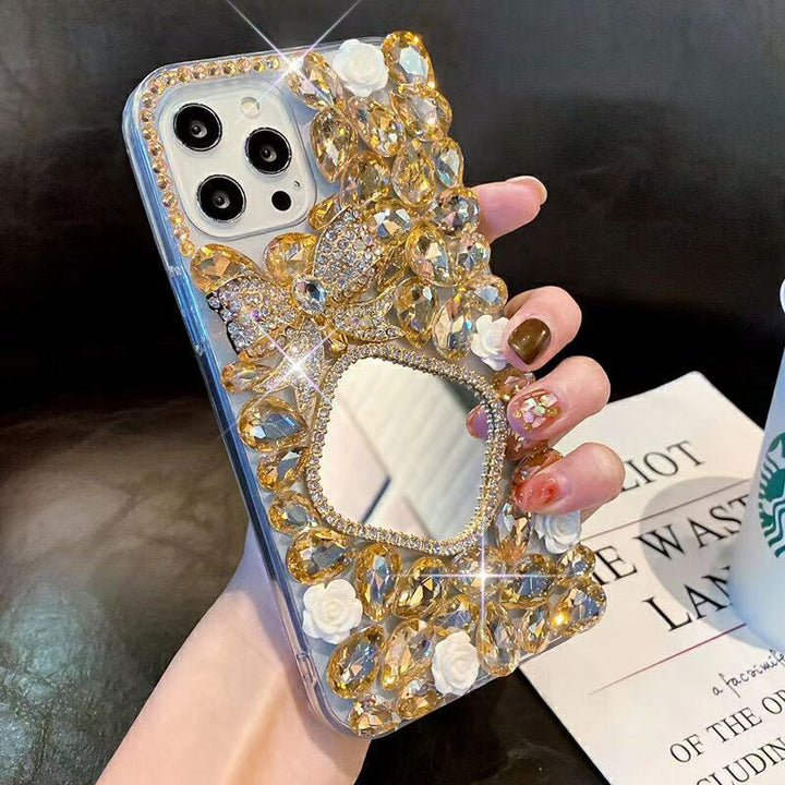 Case de teléfono Mirror de diamantes de diamante Flor de arco de diamante