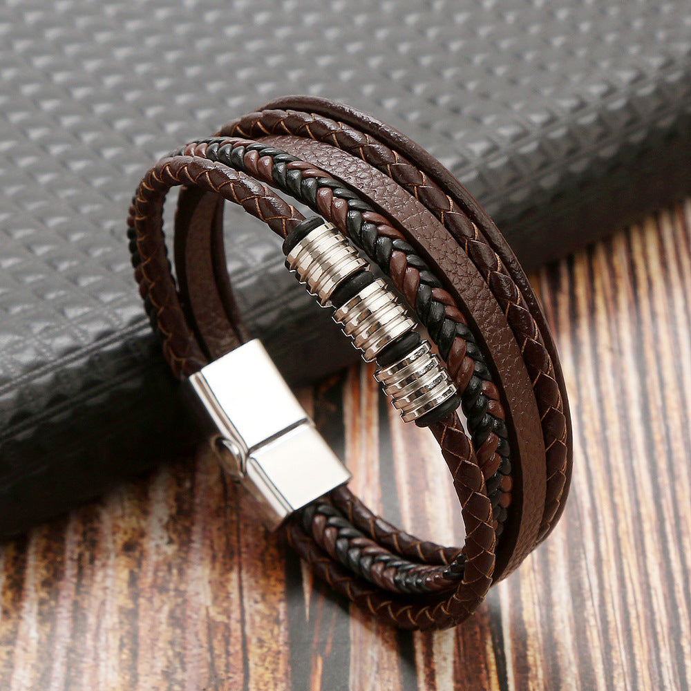 Bracelet tissé magnétique en cuir masculin en acier inoxydable